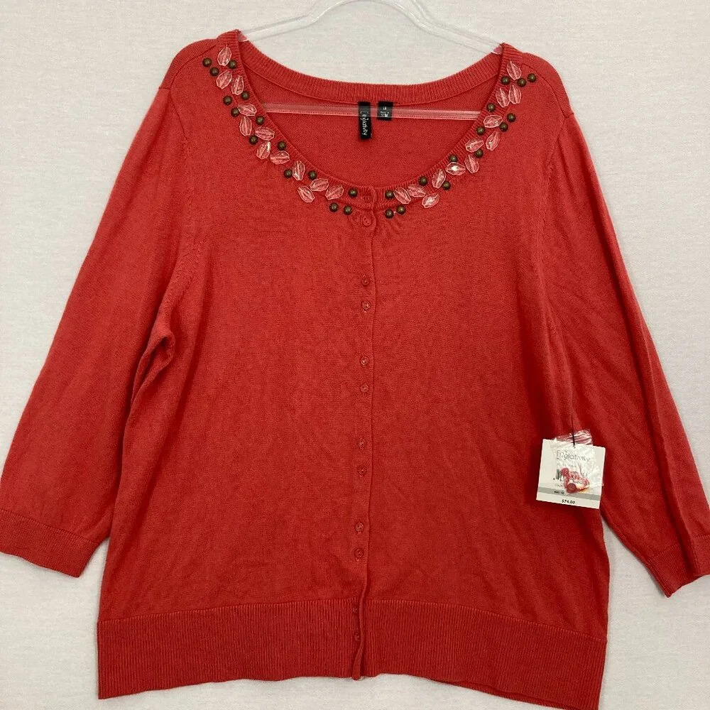 New Relativity Red Embellished Tight Knit Lightweight 3/4 Sleeve Cardigan 1X‎